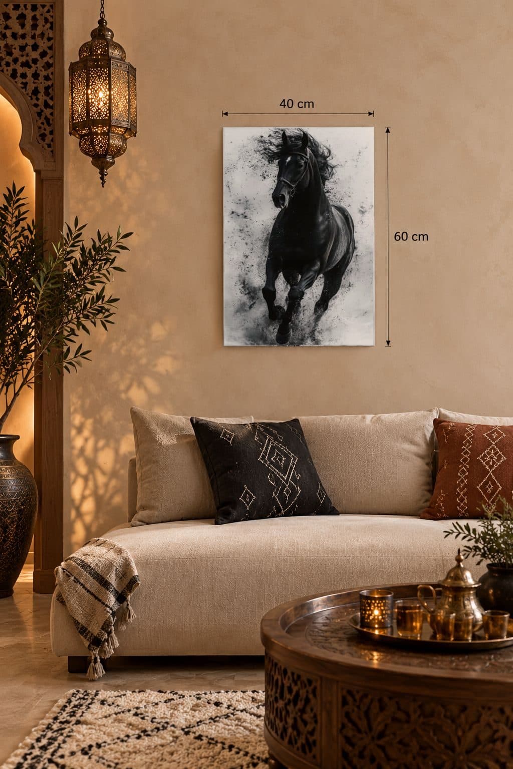 Tableau Le Cheval Noir accroché dans un salon